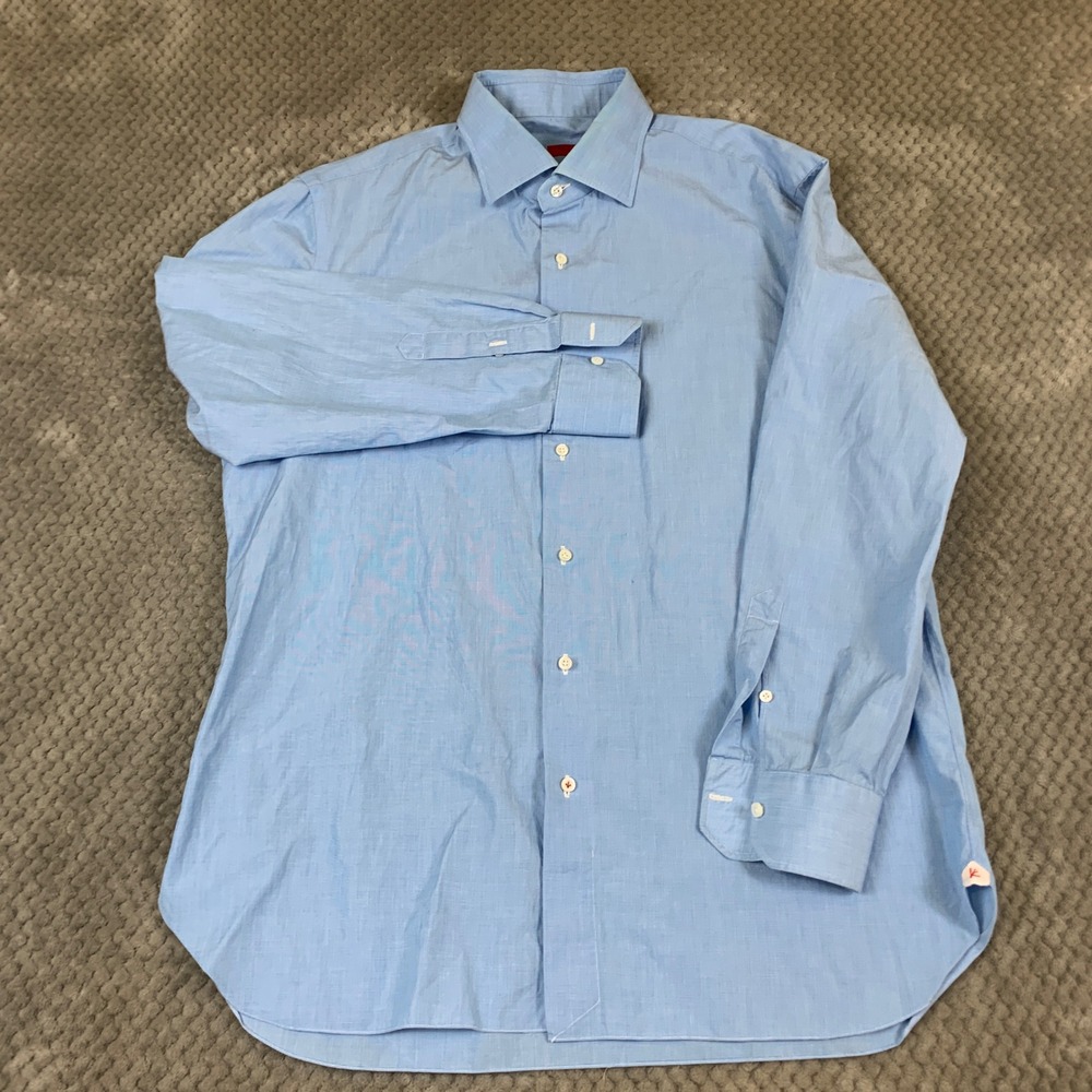 Isaia Napoli Shirt Mens 17 43 Light Blue Cotton Button Down Made Italy